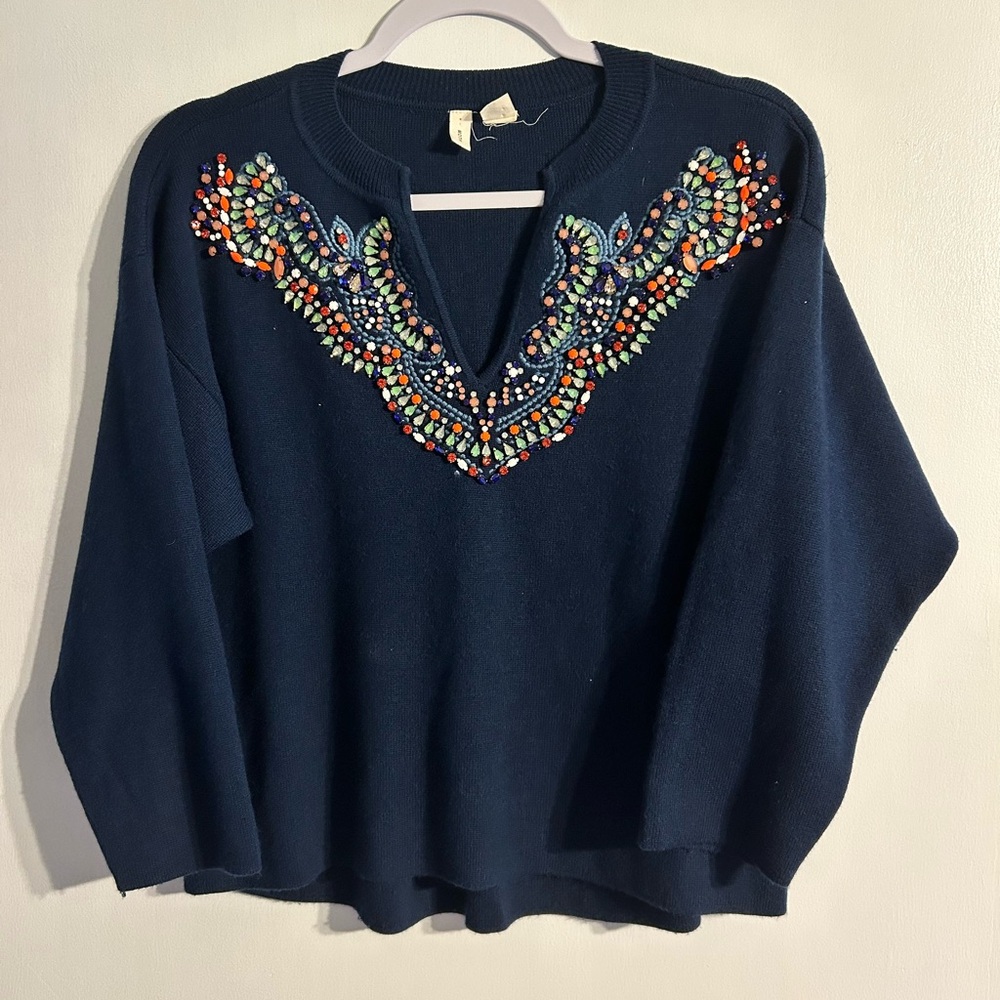 Anthropologie Moth Women's Jeweled Beaded V Neck Navy Blue Wool Blend Sweater XS
